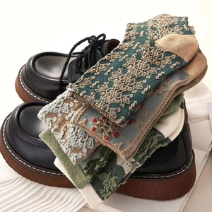 Close-up of vintage floral knit socks on Mary Jane shoes with detailed ribbed texture