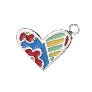 Colorful enamel heart pendant with stainless steel frame and colorful abstract pattern