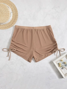 Women High Waist Mesh Swim Trunks Solid Color Ruched Drawstring Bikini Bottom Beach Cover Up Shorts Casual Summer Swimwear