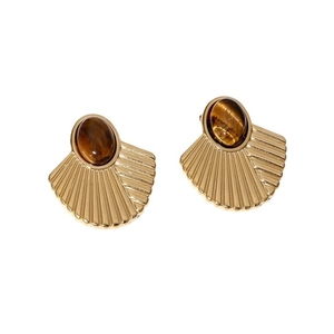 French vintage 18K gold plated stainless steel fan earrings with natural tiger eye stone