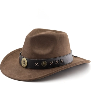 Chapeau De Cowboy Western Faux Daim Large Bord Fedora Avec Ceinture En Cuir Rivets Métal Rétro Protection Solaire Jazz