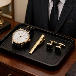 Close-up of luxury men's accessory set with watch, tie clip and cufflinks on black tray