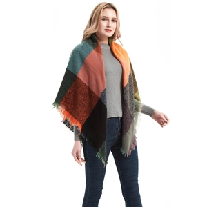 Women's oversized herringbone pattern shawl scarf with orange and green color block design