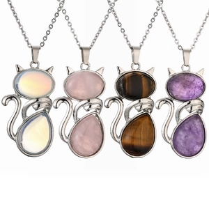 Collana con Ciondolo in Pietra Preziosa a Forma di Gatto Vintage in Rame Ametista Occhio di Tigre Quarzo Rosa Gioielli Animali per Donna Uomo