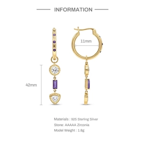 Detailed view of gold S925 silver earrings with purple amethyst and clear zirconia stones
