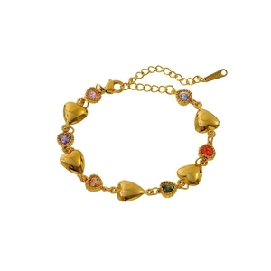 Bracelet en acier inoxydable doré avec cristaux colorés en forme de cœur et fermoir homard