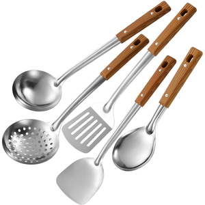 5-piece stainless steel kitchen utensil set with ergonomic wood handles on white background
