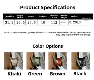 Detailed size chart for large PU leather bucket bag with dimensions and color options