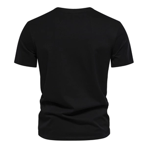 Rear view of high-quality black slim-fit cotton T-shirt featuring smooth knit texture