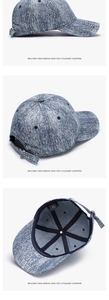 Detail view of denim texture baseball cap with adjustable metal buckle and inner lining