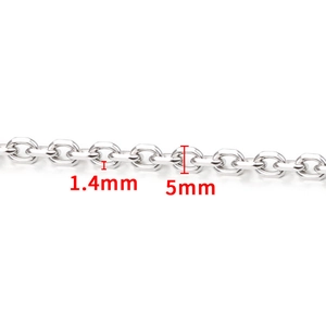 Macro view of polished stainless steel oval chain showing 1.4mm thickness and 5mm link length