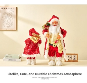 Macro detail of red sequin Santa Claus figurines with fluffy white beard and golden belt