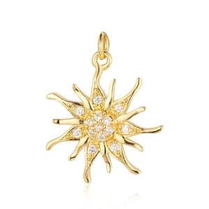 Golden sun pendant with white zircon inlays and shiny metallic finish for DIY jewelry