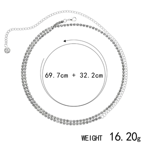 Detail view of silver rhinestone body chain showing dimensions 69.7cm plus 32.2cm and weight