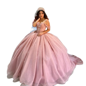 Pink off-shoulder tulle ball gown with sequins and lace for Quinceañera and formal events