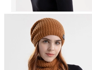 Detailed honeycomb knit texture on caramel brown winter beanie and neck warmer set