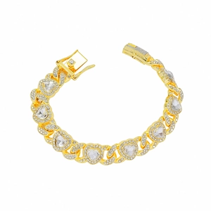 Luxury gold Cuban link bracelet with iced-out heart crystals and pave rhinestones