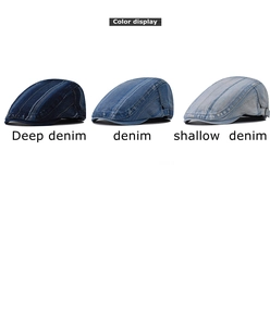 Detailed comparison of three denim newsboy hats in deep blue, medium, and light washes