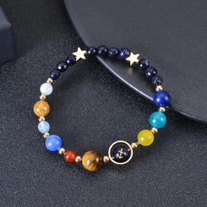 Solar system planet beaded bracelet with blue sand stone and gold star charm for women
