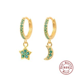 S925 sterling silver gold plated star and moon hoop earrings with green zircon stones