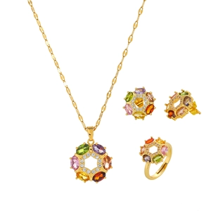 Titanium steel jewelry set with colorful zircon flowers including necklace, earrings and ring