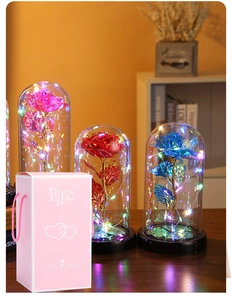 Detailed view of pink, red, and blue gold foil roses in glass domes with LED lights and box