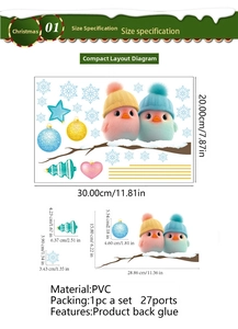 Size chart for self-adhesive PVC Christmas stickers showing dimensions of snowmen and birds