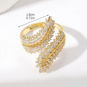 Adjustable golden feather open ring with sparkling pavé cubic zirconia, 1.8cm diameter