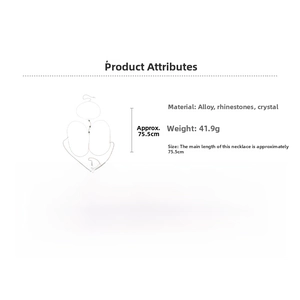 Detailed chart of crystal tassel body chain showing alloy material and 75.5cm length