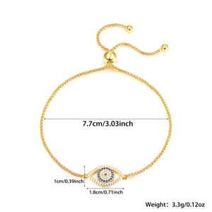 Detailed view of evil eye gold chain bracelet with blue cubic zirconia and dimensions
