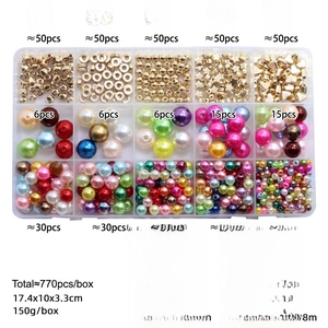 Detail of 770pcs DIY jewelry kit with ABS pearls, gold beads, and crystal elastic cords