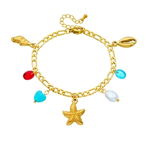 Gold-plated stainless steel charm bracelet with starfish, seashells and colorful gemstones