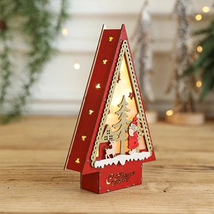 Christmas wooden house decoration with LED light and Russian New Year greeting text