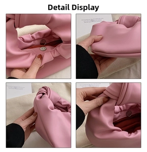 Detail view of pink matte leather crescent bag with knotted handle and magnetic closure