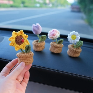 Handmade crochet mini potted sunflower and tulip flower ornaments for car dashboard decor