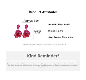 Detailed dimensions of rose red petal tassel earrings with alloy and acrylic material