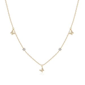 Detailed view of S925 silver gold necklace with five butterfly and round zirconia charms
