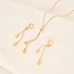 Stainless Steel Water Drop Tassel Necklace And Earrings Gold Plated Snake Chain Minimalist Elegant For Women