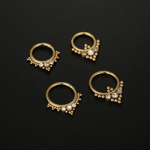 Golden 316L stainless steel hinged nose rings with cubic zirconia and beads in bohemian style