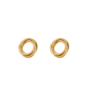 Detailed view of gold triple-interlocked geometric hoop earrings with polished finish
