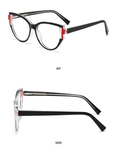 Detailed side and 45-degree views of cat-eye blue light blocking glasses with red accents