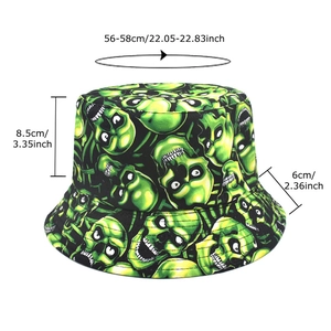 Reversible green skull pattern bucket hat with size chart for sun protection