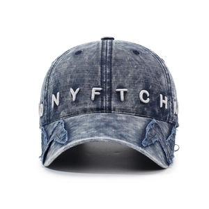 Vintage washed denim baseball cap with 3D letter embroidery and distressed detailing