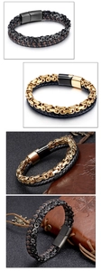 Detail of men's leather braided bracelet with stainless steel chain and magnetic clasp