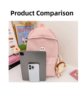 Pink school backpack with cat patch and plush toast charm showing storage size comparison