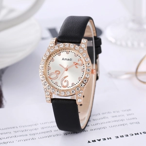 Montre À Quartz Pour Femme Mode Lunette Strass Cadran Rond Bracelet En Similicuir Élégante Décontractée Boîtier Or Rose