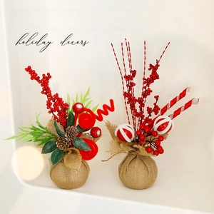 Christmas Desktop Ornament With Burlap Base Red Berries Pine Cones Poinsettia Artificial Plants For Table Home Party Decor