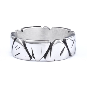 Men's rock hip-hop stainless steel ring with industrial geometric scratched pattern