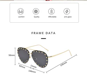 Size chart for semi-rimless pilot sunglasses with detailed lens dimensions and measurements