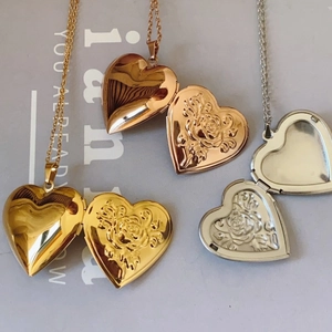Relief rose heart locket necklace in gold, rose gold and silver stainless steel finish